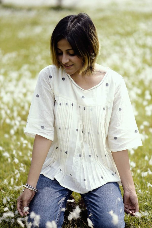 Pleated Top White Polka