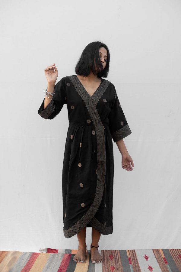 Big Sleeves Drape Dress - Beige Flowers