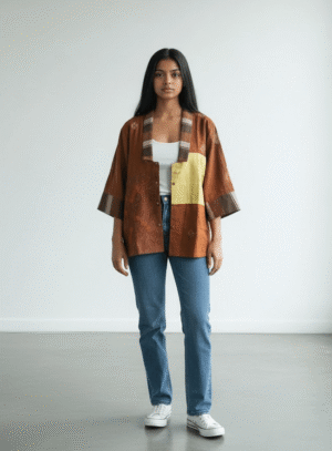 Noor Patch Shirt – Rust Orange Jamdani with Embroidery