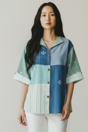 Aampata Patch Shirt – Stripes Nila Jamdani