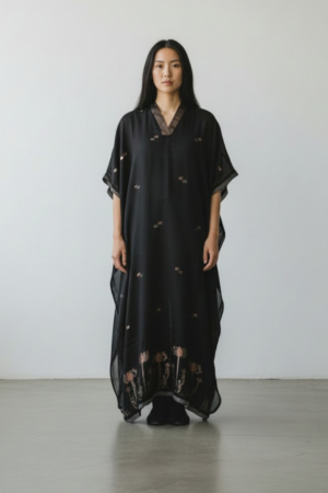 V NECK KAFTAN -BLACK ZARI LOTUS JAMDANI