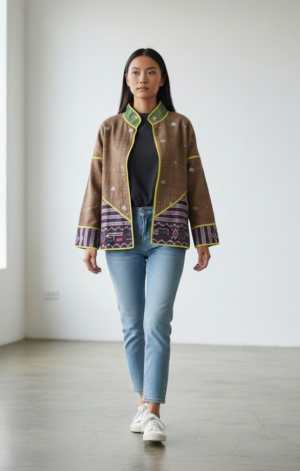 Patch Bomber – Plum Border Jamdani