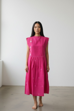 HIGH NECK PLEATED DRESS - HIBISCUS LOTUS GOLAP JAMDANI