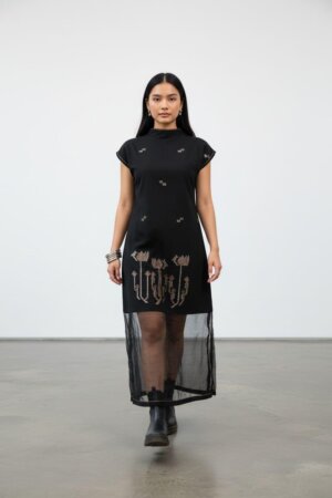 HIGH NECK DRESS - BLACK ZARI LOTUS JAMDANI