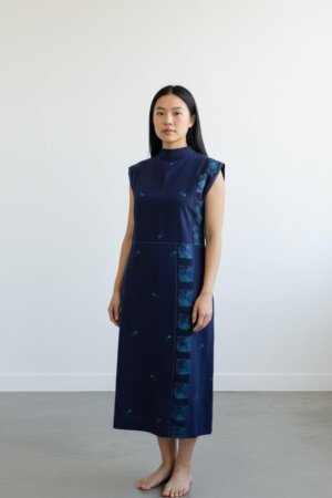 HIGH NECK PATCH DRESS - MIDNIGHT BLUE JAMDANI