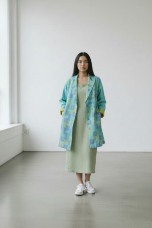 PIXEL JACKET LONG WITH SLIP DRESS - AQUA BLUE PIXEL