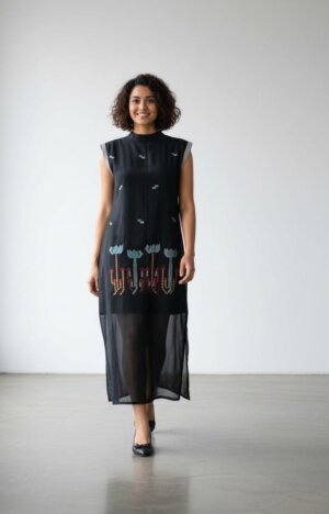 HIGH NECK DRESS - BLACK LOTUS JAMDANI