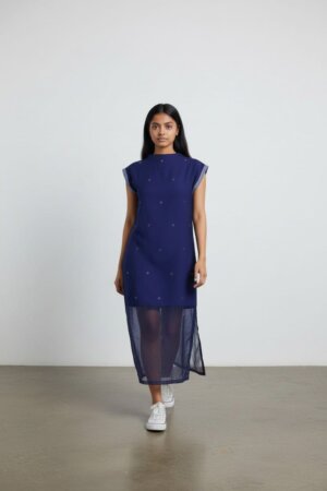 HIGH NECK DRESS - MID NIGHT BLUE JAMDANI