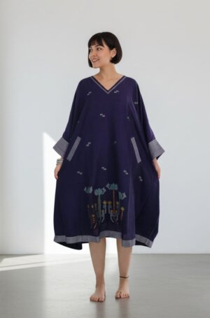 LONG ZIP DRESS- MIDNIGHT BLUE LOTUS JAMDANI