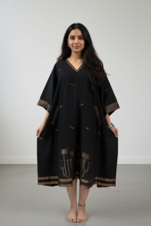 LONG ZIP DRESS- BLACK ZARI LOTUS JAMDANI