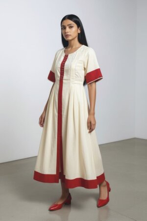 FRONT OPEN JACKET STYLE SILK DRESS – OFF WHITE RED BORDER