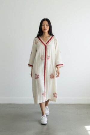 V NECK OVERLAP DRESS – JABA RED GOLD ZARI JAMDANI