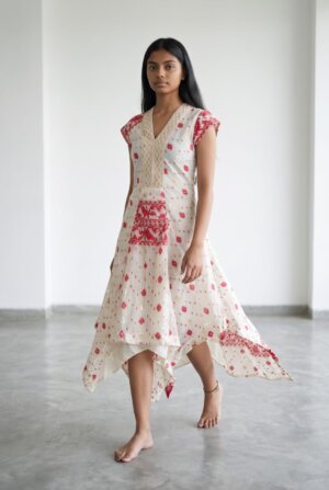ASYMMETRICAL DRAPE JAMDANI DRESS – DHAKAI SCARLET