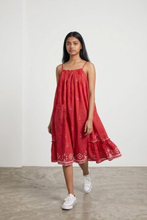 SPAGHETTI DRESS – RED WITH WHITE STRIPE JAMDANI