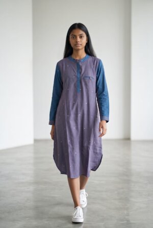 CHINESE COLLAR KURTA – INDIGO PURPLE BUTI JAMDANI