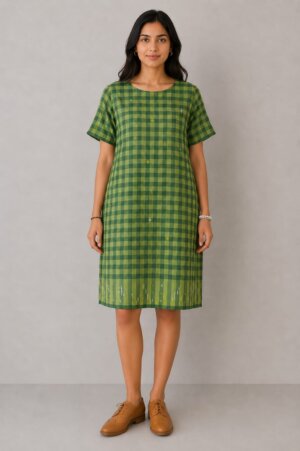 SHIFT DRESS – GREEN CHECKS JAMDANI
