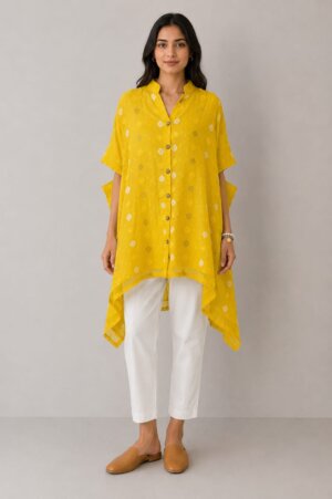 ASSYMETRICAL JACKET – YELLOW DHAKAI JAMDANI