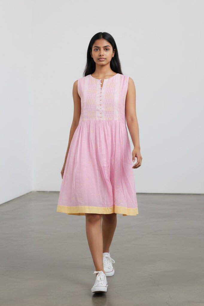 ROUND NECK DRESS – PASTEL PINK & YELLOW JAMDANI