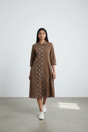 SHIRT DRESS – COFFEE JAMDAINI FLORAL & MACHI MOTIFS