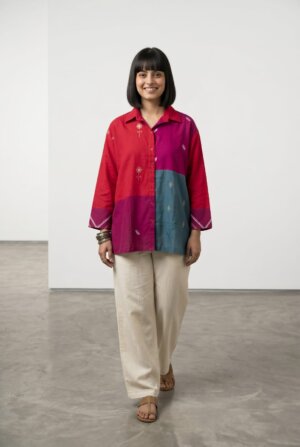 Patch Shirt - Red B F Zari Jamdani