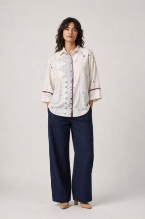 Patch Shirt - White Blue Temple Jamdani