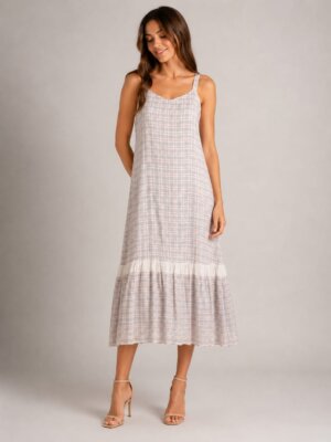 STRAPPY DRESS-WHITE CHECK SILK JAMDANI
