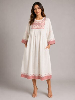 SQUARE YOKE DRESS – OFF WHITE RED BRDR JAMDANI