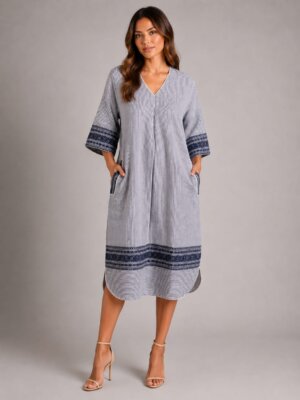 V NECK DRESS – BLUE STRIPE JAMDANI