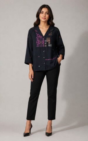 Patch shirt - Black with pink alpona