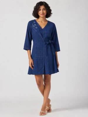 LAPEL V NECK DRESS-DENIM