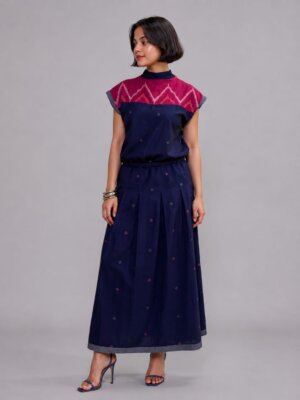 High Neck Tie-up Top & Inverted Pleat Skirt Set – Magenta Karat Jamdani