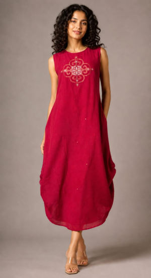 SIDE GATHERED DRESS - RED TILE